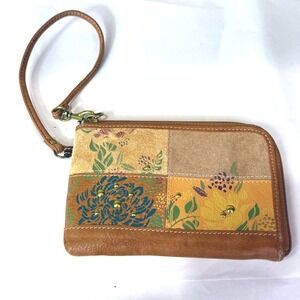 Fossil‎ Genuine Leather Wristlet Brown Zip Wallet Floral Patchwork